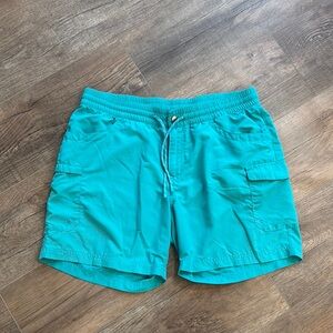 Columbia Mens Athletic Outdoor Shorts Size L Teal Cargo Elastic Waist Drawstring